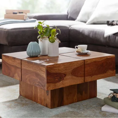 Zdjęcie produktu dla Stolik kawowy FineBuy 57,5 x 57,5 x 30 cm z litego drewna sheesham, kwadratowy, designerski stolik do salonu, stolik kawowy z litego drewna, mały stolik do salonu, styl nowoczesny