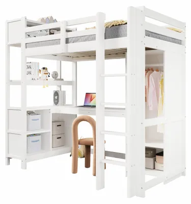 Produktbild von Hochbett mit Schreibtisch, Regal, Lattenrost, Trittleiter und offenem Kleiderschrank, 90x200 cm, Kinderbett mit Rausfallschutz, Kiefer