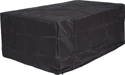 A black protective cover for outdoor furniture, such as a bench or table, is shown against a white background.