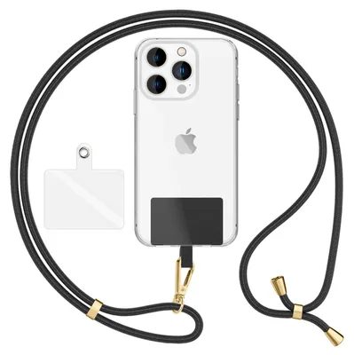 Zdjęcie produktu dla HoldMe Air Edition - Uniwersalna smycz z 2 podkładkami i karabińczykiem (złota) - Pasek do telefonu komórkowego 160 cm - czarny