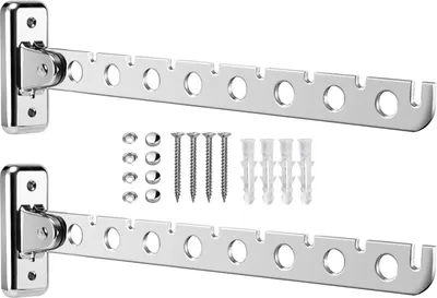 Two silver wall-mounted folding drying racks with screws and wall plugs are displayed on a white background.