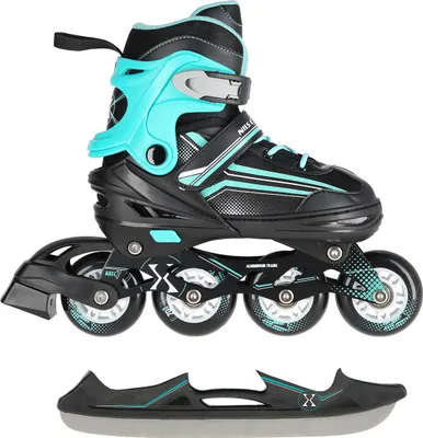 A pair of inline skates and a skate blade cover are shown against a white background.