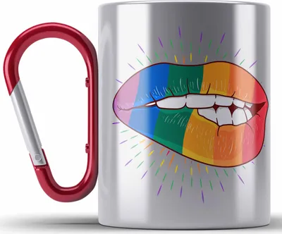Produktbild von Trendation - LGBT Edelstahl Tasse Karabiner Geschenk für Schwule Lesben Transgender Regenbogen Lustige Grafik Regenbogen Bunte Lippe (Rot)