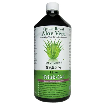 Produktbild von QueenRoyal Aloe Vera Trinkgel 1 Liter Flasche 99.55% Barbadensis Miller Blattgel unverdünnt KEIN Saft KEIN Konzentrat OHNE künstliche Vitamine.