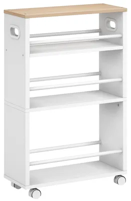 Image de Chariot de cuisine mobile avec 4 étagères, chariot de service étroit, 45 x 22 x 80 cm, étagère de cuisine avec roulettes pivotantes à 360° et rails, pour la cuisine, la salle de bains, le salon, blanc et bois naturel EWN22TC01