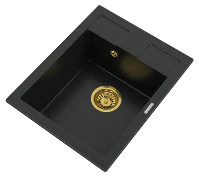 Produktbild von Granitan | GranitSpüle - Spülbecken 1-Kammer - 50x40 cm - Rechteckig - Schwarz mit Goldenen Partikeln - mit Gold Siphon - BEST