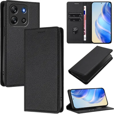 Produktbild von Litchi Leder Handyhülle für Blackview Oscal Flat 1C Wallet Kartenfächer Standfunktion Hülle Schwarz