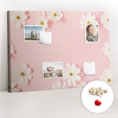Obrázek produktu pro Korková nástěnka s kolíčky - Tabule s kolíky pro fotografie a poznámky - 100x70 cm - Připínáčky dřevěné 100 kusů - Květy sedmikrásek