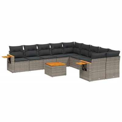 Produktbild von Modulares Garten-Sofaset, 11-teilig, mit Kissen, aus witterungsbeständigem Poly Rattan, Akazienholz-Tisch, Grau, UV-beständig, abnehmbare Bezüge