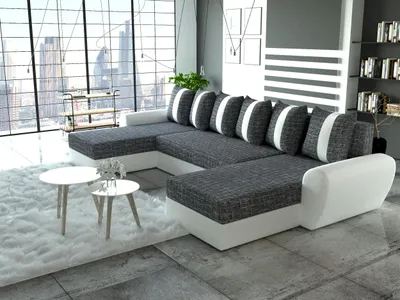 A modern living room with a large sectional sofa, coffee tables, and a city view through the window.