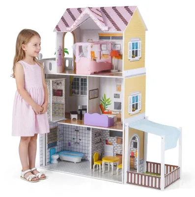 Produktbild von KOMFOTTEU Puppenhaus holz, Dollhouse mit 3 Etagen, 5 Zimmern, Aufzug, Garten, Zubehör und Möbeln, DIY Traumvilla für Kinder ab 3 Jahren, 102 x 34 x 120,5 cm