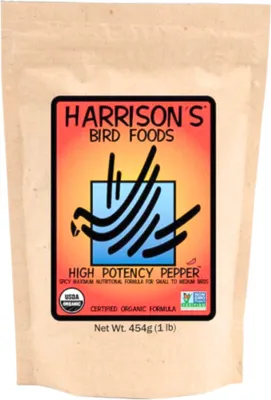 A bag of Harrison's Bird Foods High Potency Pepper.