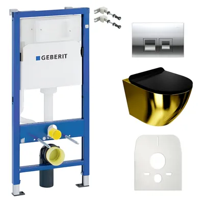 Produktbild von DOMINO Geberit Duofix Basic Vorwandelement +Wand-WC Tiefspül Sofi Slim Becken Gold/Schwarz Spülrandlos + Bedienplatte Delta 25 für Doppelspülung | Set