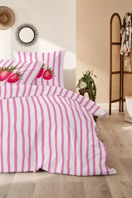 Produktbild von Primera Renforce Bettwäsche 155x220 Erdbeeren Streifen weiss pink 123113-42