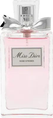 A clear studio shot of a Miss Dior Rose N'Roses Eau de Toilette spray bottle.