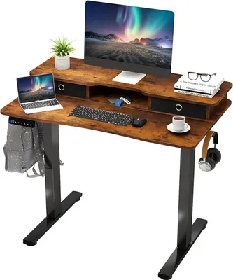 Produktbild von Elektrischer Stehschreibtisch, mit Monitorständer, 2 Schubladen, 2 Haken, 3 voreingestellte Höhen, einstellbarer Höhe von 73-122 cm, Braun