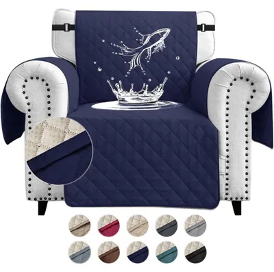 Image de Housse de canapé 1 place, imperméable, matelassée, bleu marine, avec poches latérales, antidérapante et résistante aux griffures pour animaux de compagnie