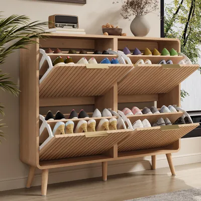 Produktbild von Flieks Moderner Schuhschrank, Doppelstöckiges Schuhaufbewahrungsdesign mit großem Fassungsvermögen, Schuhkipper, Natur