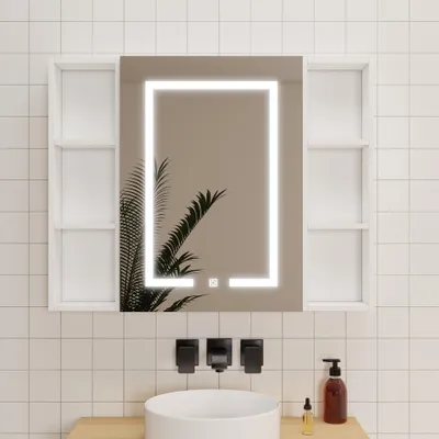 Produktbild von LED Spiegelschrank mit Seiteschrank 80x70cm Rasier-Steckdose Drei Lichtfarbe Dimmbar Touch/Wandschalter Beschlagfrei IP44 - Weiß Matt
