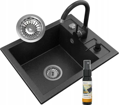 Produktbild von Granitan | GranitSpüle - Spülbecken 1-Kammer - 50x40 cm - Rechteckig - Schwarz - mit Schwarz Küchenarmatur 360° - BEST
