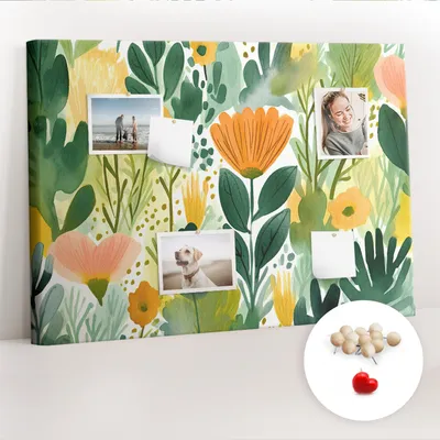 Obrázek produktu pro Korková nástěnka s kolíčky - Tabule s kolíky pro fotografie a poznámky - 100x70 cm - Připínáčky dřevěné 100 kusů - Akvarelové květiny
