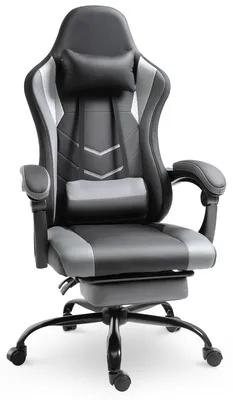 Obrázok produktu pre Herné kreslo s nastaviteľnou výškou, opierkou hlavy, bedrovou opierkou, ergonomické, nosnosť do 120 kg, s podnožkou – čierna farba