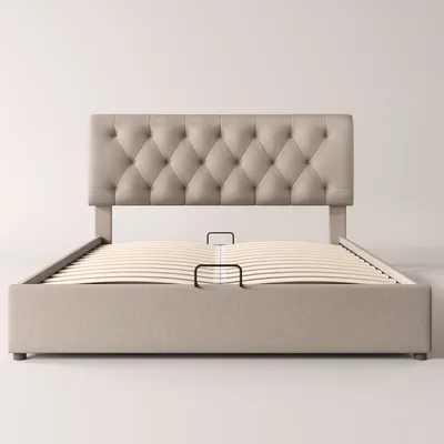 Produktbild von Merax Hydraulisches Boxspringbett 160x200cm Polsterbett mit Bettkasten, Lattenrost und Stauraum, Metallrahmen und verstellbares Kopfteil, Doppelbett aus Leinen, Naturfarbe