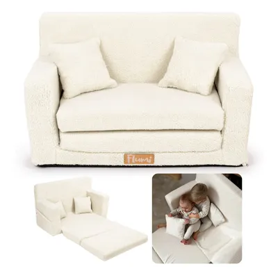 Produktbild von Flumi Kindercouch Kindersofa Spielsofa mit Schlaffunktion für Kinderzimmer -Schlafsessel mit Bettfunktion - Kindermöbel - Boucle hellbeige