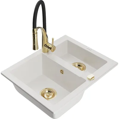 Obrázek produktu pro Mexen Carlos 1-miskový granitový dřez s kuchyňskou baterií Aster, Bílá - 6518-20-73450-57-G