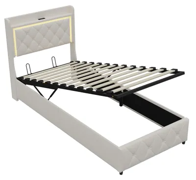 Obrázok produktu pre Postel s úložným priestorom - čalúnená posteľ 90 x 200 cm - jednolôžková posteľ s roštom - hydraulický úložný priestor - drevená konštrukcia - bez matraca - béžová