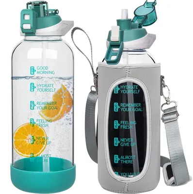 Productafbeelding van Glazen waterfles van 1,5 liter met rietje en tijdmarkeringen