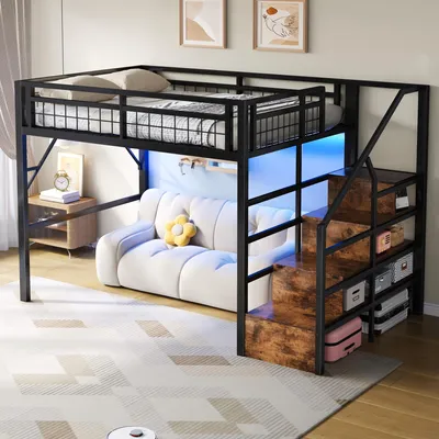 Image de Lit mezzanine avec éclairage LED et escalier avec rangements, espace ouvert sous le lit, structure métallique, peu encombrant, 140 x 200 cm, noir
