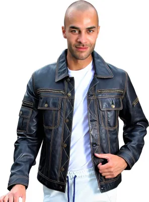 Immagine prodotto di Giacca in pelle stile jeans realizzata in VERA pelle blu scuro