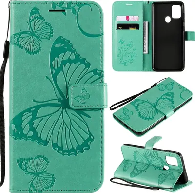 Produktbild von Mobigear Butterfly Klapphülle für Samsung Galaxy A21s - 2 Kartenfächer mit Standfunktion Türkis