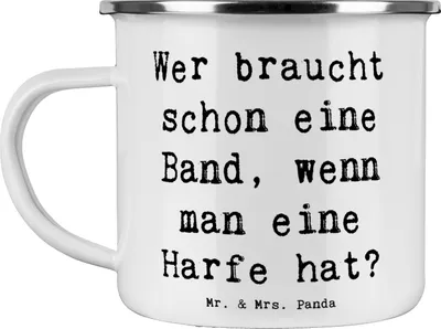 Produktbild von Mr. & Mrs. Panda emaillebecher Spruch Harfenzauber - Weiß - Geschenk, himmlisch, Campingtasse, becher emaille, Band, Musikinstrument, Elegant, Teetasse, Musik, Lernen