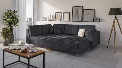 Produktbild von Ecksofa und Fußhocker mit Holzfüßen im skandinavischen Stil Marco aus Anthrazit Luxusmicrofaser, Ottomane links, B/T/H:231 cm/161 cm/81 cm