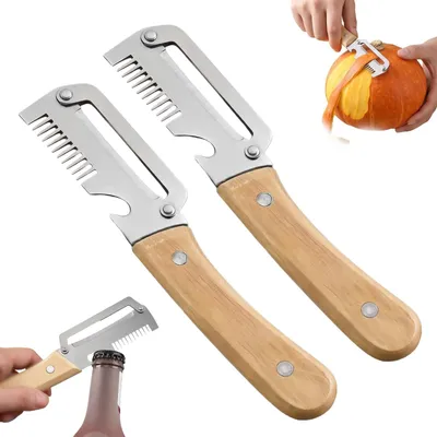 Image de Éplucheur de légumes multifonctionnel - Éplucheur 3-en-1 avec lame en acier inoxydable et ouvre-bouteille - Ustensile de cuisine pour fruits et légumes - Lot de 2 avec manche en bois