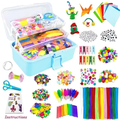Produktbild von Bastelset Kinder 3000 Teile DIY Bastelkoffer mit Pfeifenreiniger Kulleraugen für Mädchen Jungen 4-8 Jahre Blau