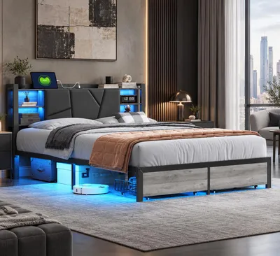 Productafbeelding van INONEFT Metalen bed, gestoffeerd bed 140x200 met LED-verlichting en USB-oplaadfunctie, tweepersoonsbed met hoofdeinde, opbergruimte en 2 lades, Polyurethanmateriaal, zwart, AI-gegenereerde afbeelding