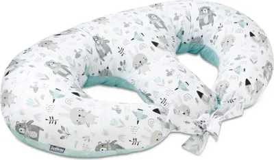 A white and teal animal-themed nursing pillow.
