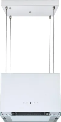 A white island range hood suspended by wires against a white background.