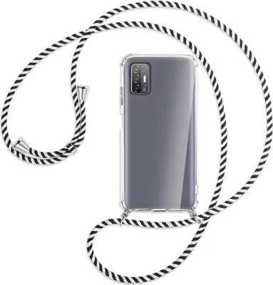 Produktbild von Handykette Backcover-Schutzhülle mit Band (Metall silberfarben) für HTC Desire 21 Pro - schwarz/weiß gestreift