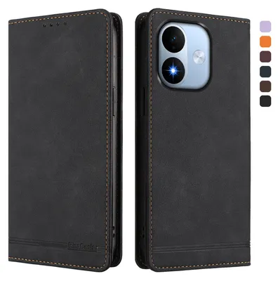 Image de Étui pour Xiaomi Redmi Note 17 4G, coque rabattable en cuirPolyuréthanerétro avec support et emplacements pour cartes, couleur noire