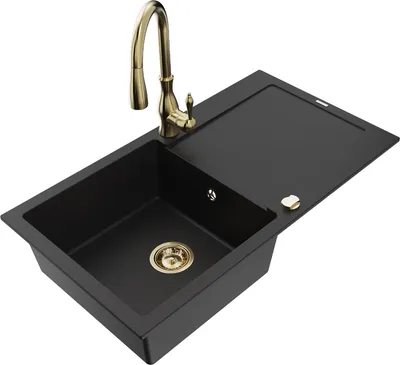 Produktbild von Mexen Leo 1 Becken-Granitspüle mit Abtropffläche und Mischbatterie Savita, Schwarz - 6501-77-672601-50