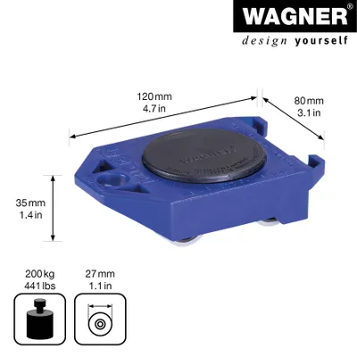 Immagine prodotto di Ausilio di trasporto WAGNER ROLLY SOFT - 12 x 8 x 3,5 cm, piatto girevole, protezione antiribaltamento, ruote Ø 27 mm, portata 200 kg - 20317101
