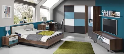 Produktbild von Jugendzimmer Raven 7 teiliges Komplett Set in Schlammeiche, Grau mit Weiß, Schwarz und Orientalisch Grün mit Schwebetürenschrank
