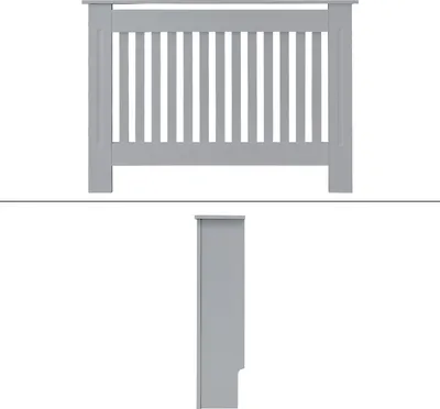 A front and side view of a gray radiator cover.