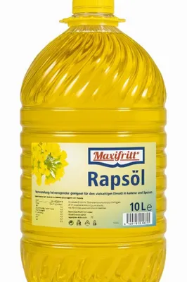 A large plastic bottle of yellow cooking oil with a label.