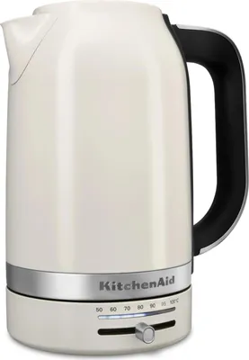 A white KitchenAid electric kettle with a black handle is shown against a white background. The base of the kettle has temperature settings displayed.