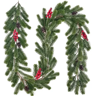 Image de Guirlande de Noël, guirlande de sapin, 190 cm, artificielle, avec des cônes et des baies, de couleur verte